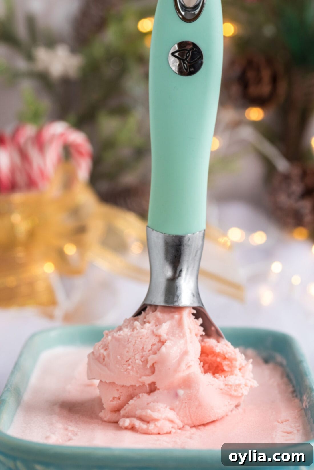 Scoop of Homemade Pink Peppermint Ice Cream in an ice cream scoop resting in a container of Homemade Peppermint Ice Cream, showcasing its readiness to serve.