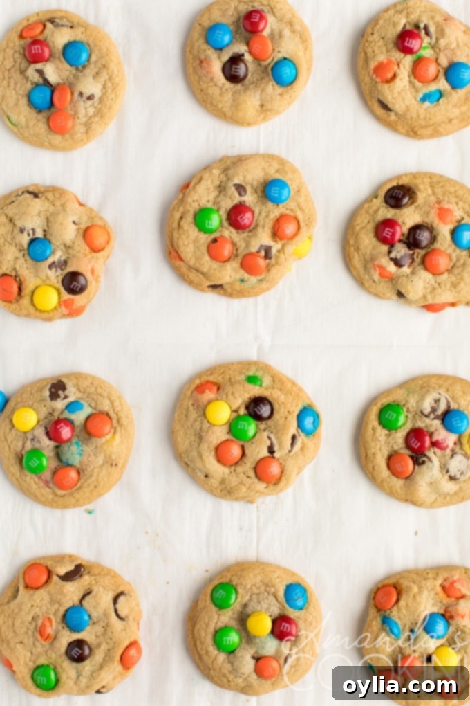 A baking tray filled with golden-brown chocolate chip M&M cookies fresh out of the oven, ready to cool.