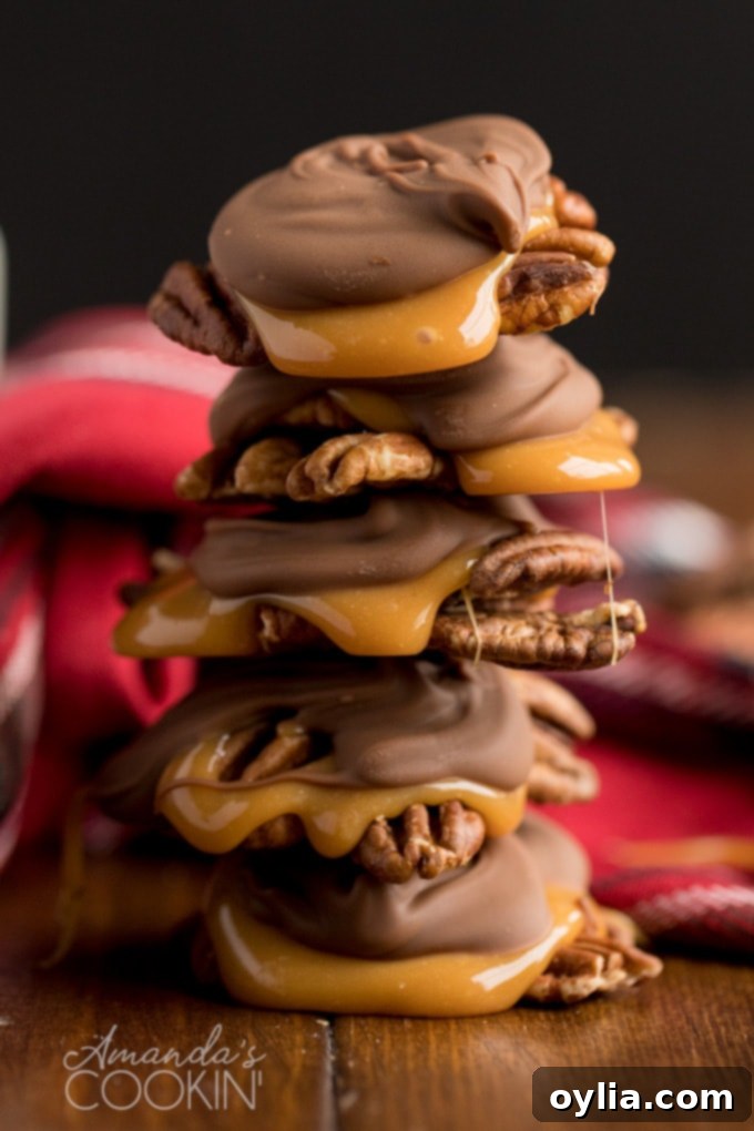 stacked homemade chocolate turtles