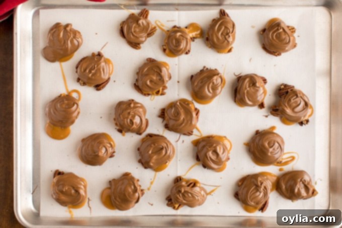 pan full of homemade chocolate turtle candy