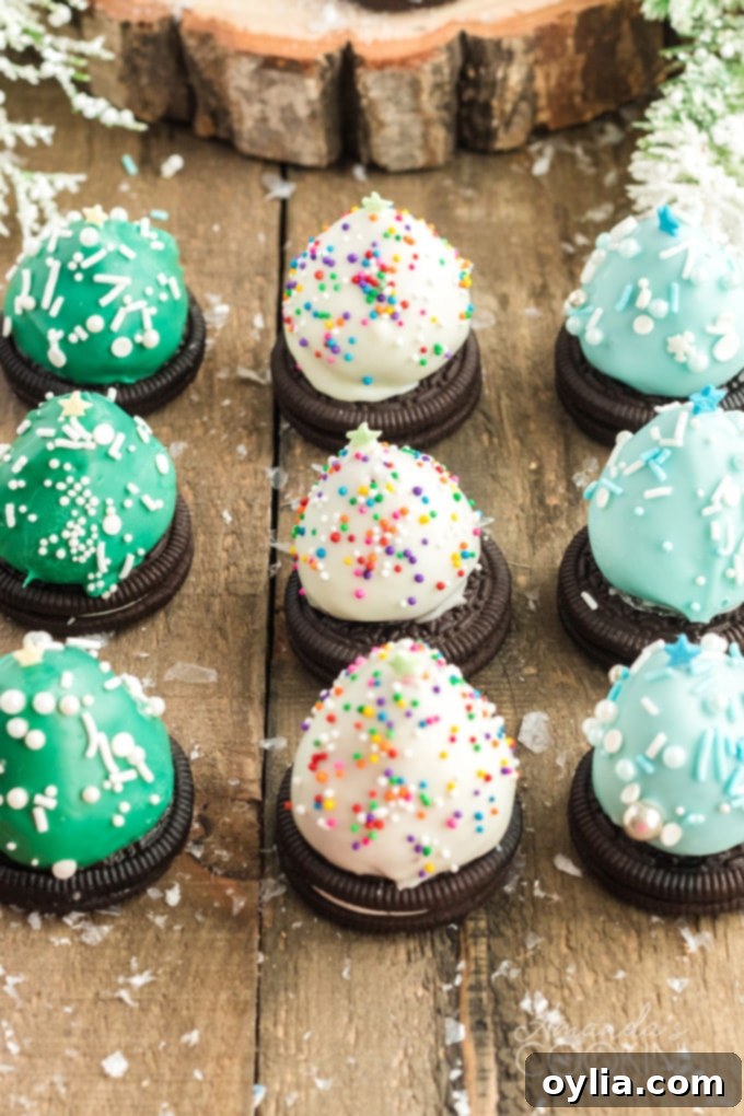 A trio of colorful chocolate-dipped strawberry Christmas tree treats with different sprinkles.