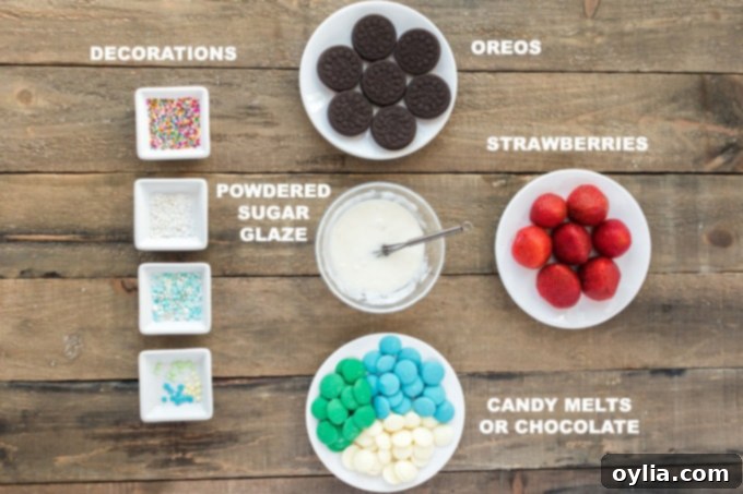 Ingredients laid out for making chocolate dipped strawberry Christmas trees: chocolate, strawberries, Oreos, powdered sugar, milk, and sprinkles.