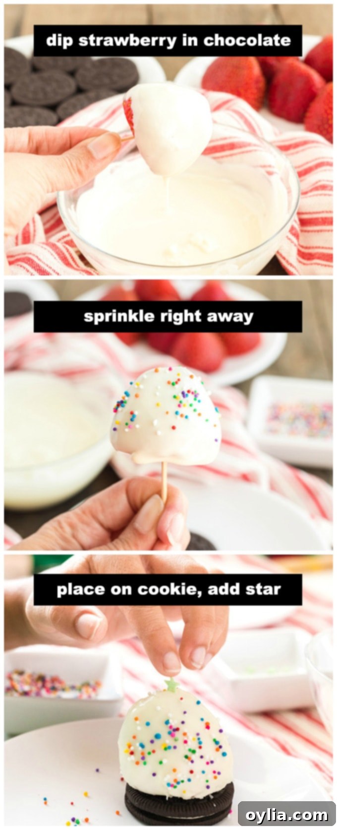 Three step-by-step images showing a strawberry being dipped in chocolate, sprinkled with nonpareils, and then topped with a star sprinkle.