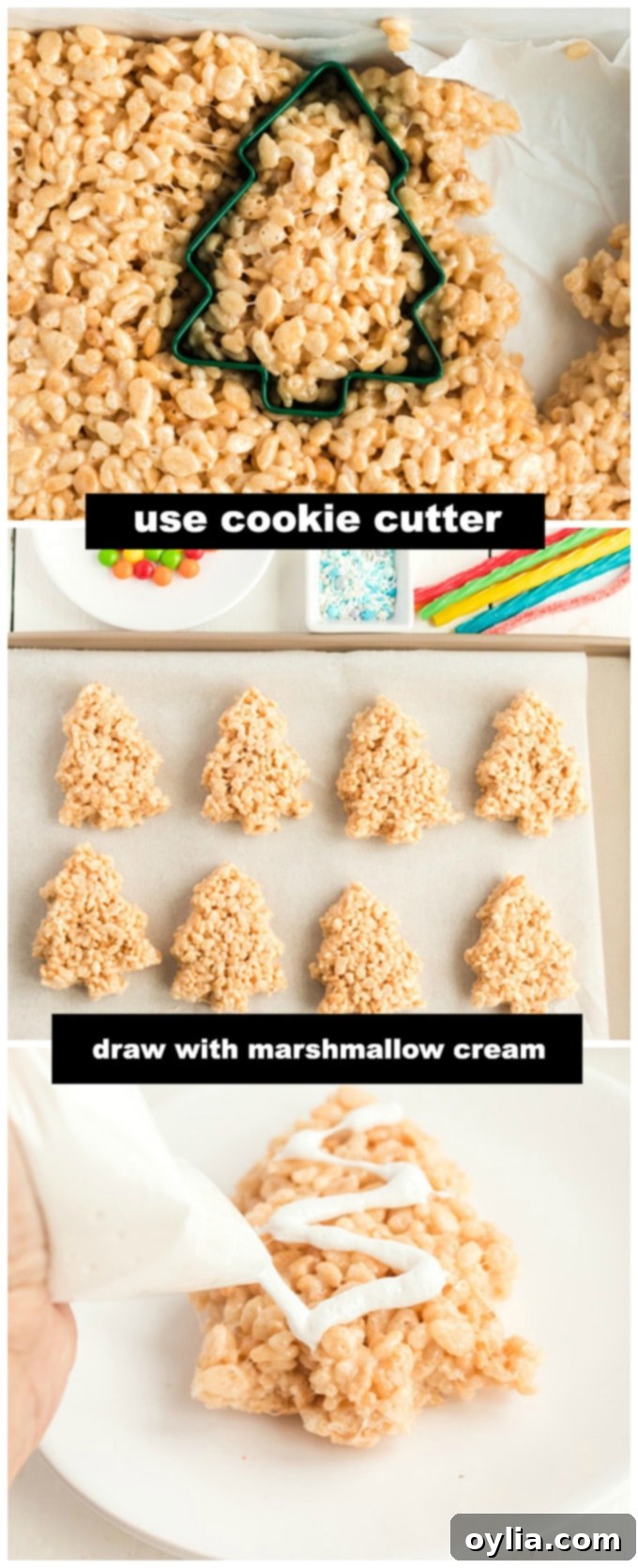 cutting out christmas tree shapes from a slab of rice krispie treats