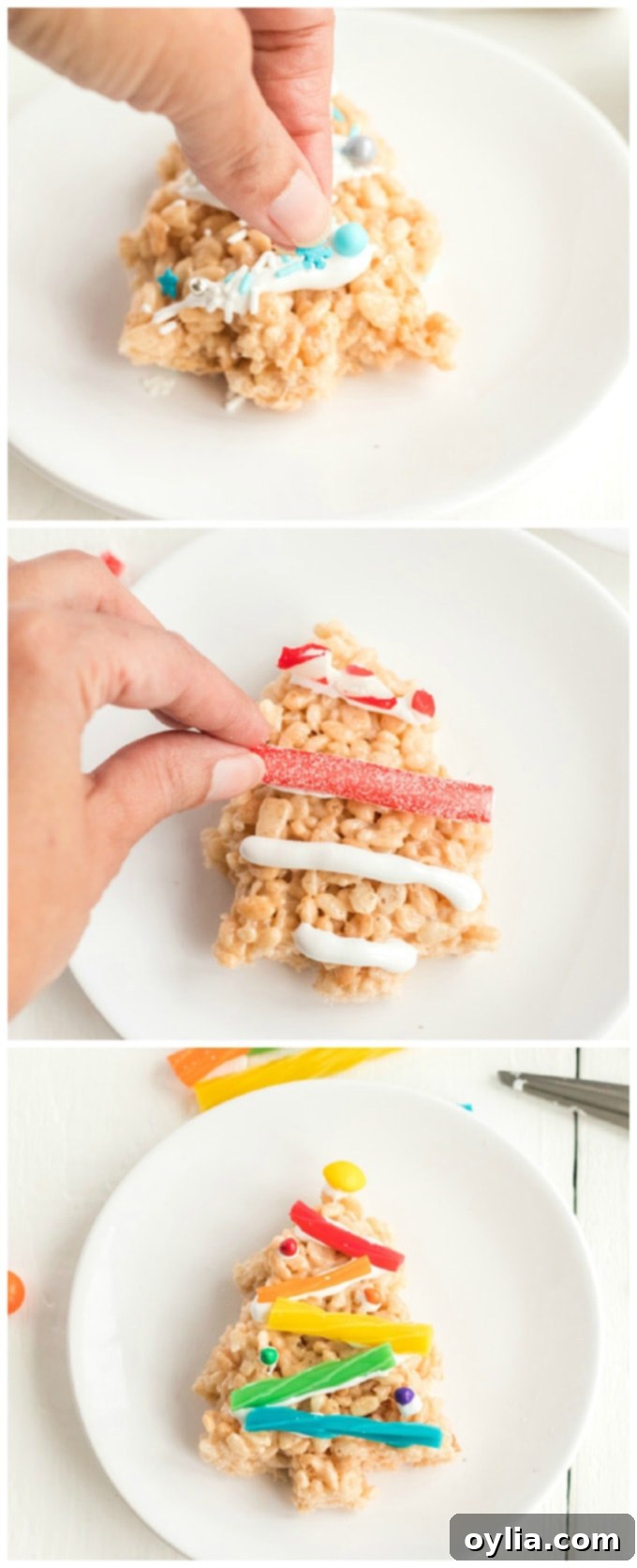 adding candy decorations to Christmas Tree Rice Krispie Treats with marshmallow cream