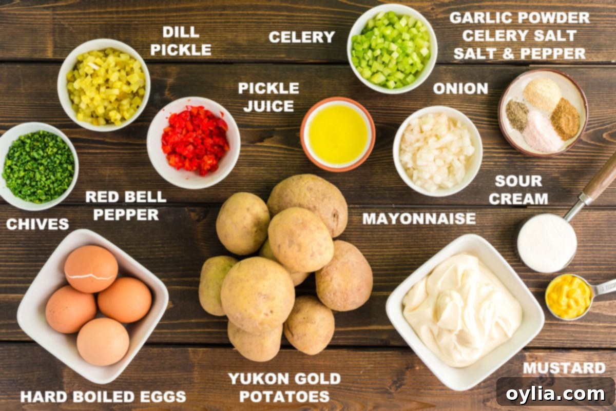 Mom's Signature Potato Salad 2 A collage of labeled ingredients for a homemade potato salad, featuring potatoes, eggs, celery, pickles, and dressing components.