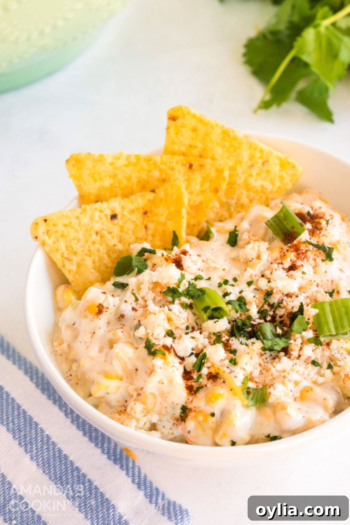 bowl of corn dip with tortilla chips placed in it