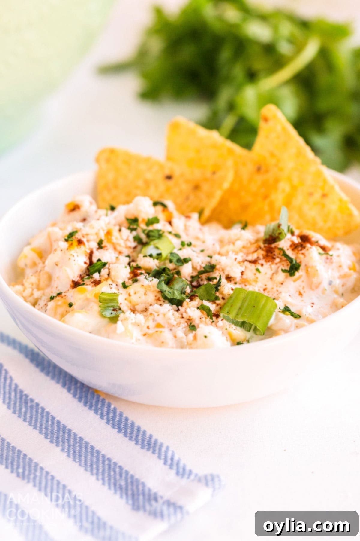 white bowl of corn dip with tortilla chips