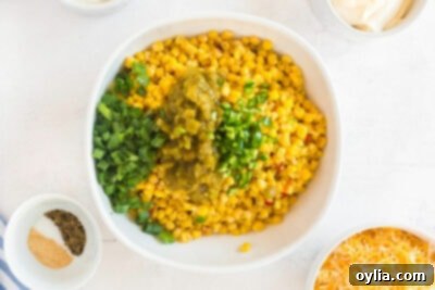 bowl of corn with green chiles, jalapeno, and green onion added