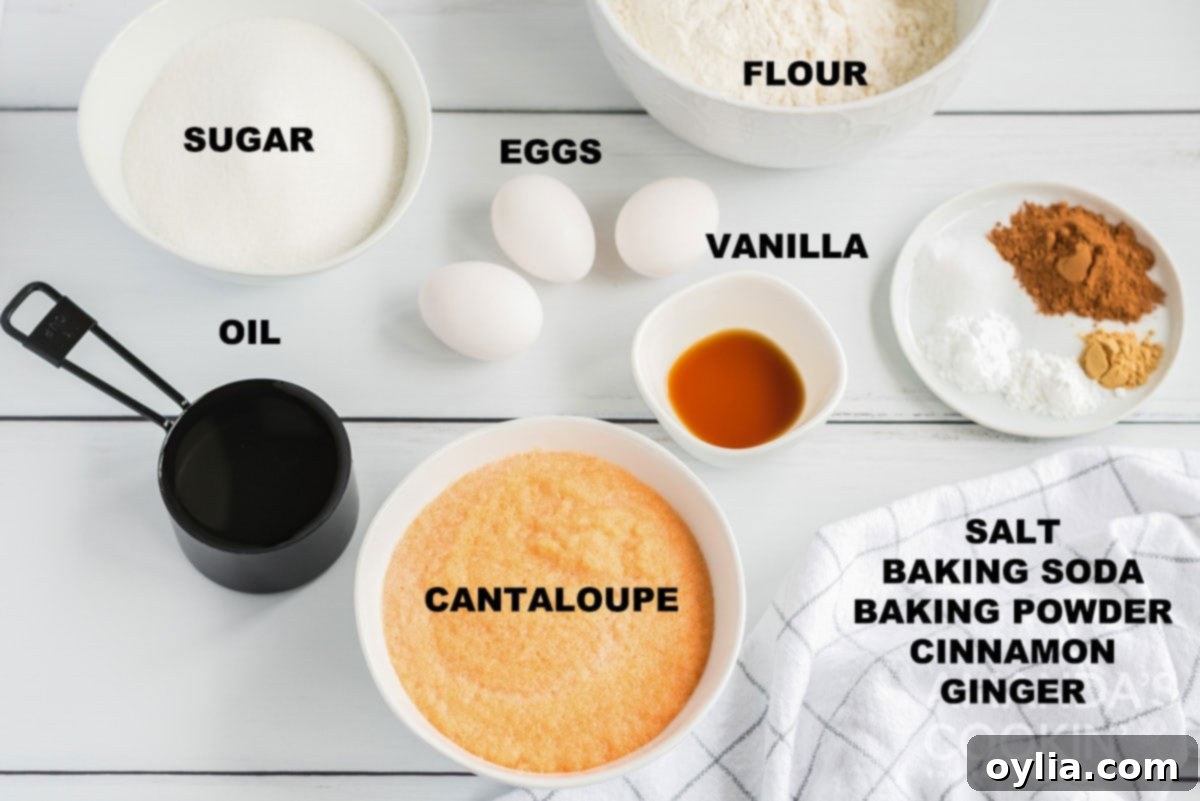 Labeled ingredients for cantaloupe quick bread, including flour, sugar, eggs, oil, and spices, meticulously arranged for baking.