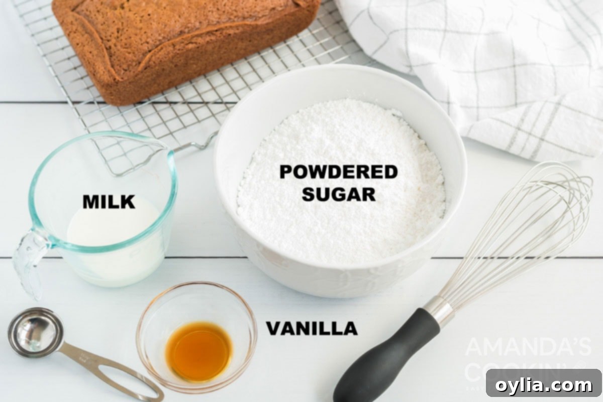 Ingredients for the sweet vanilla glaze, including powdered sugar, vanilla extract, and milk.