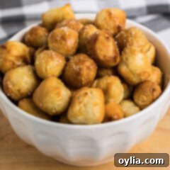 Close up photo of a bowl of golden-brown Air Fryer Pretzel Bites, perfect for sharing.