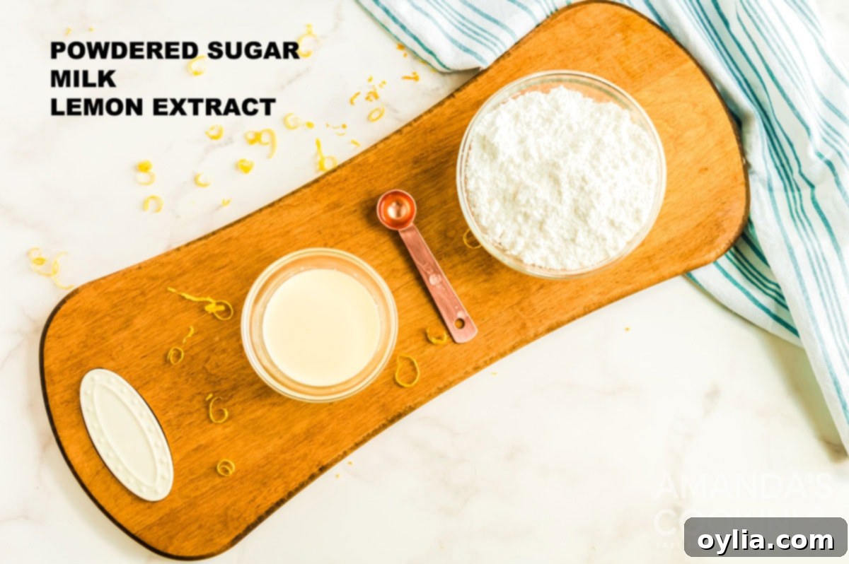 labeled ingredients for lemon glaze, showing powdered sugar, milk, and lemon extract