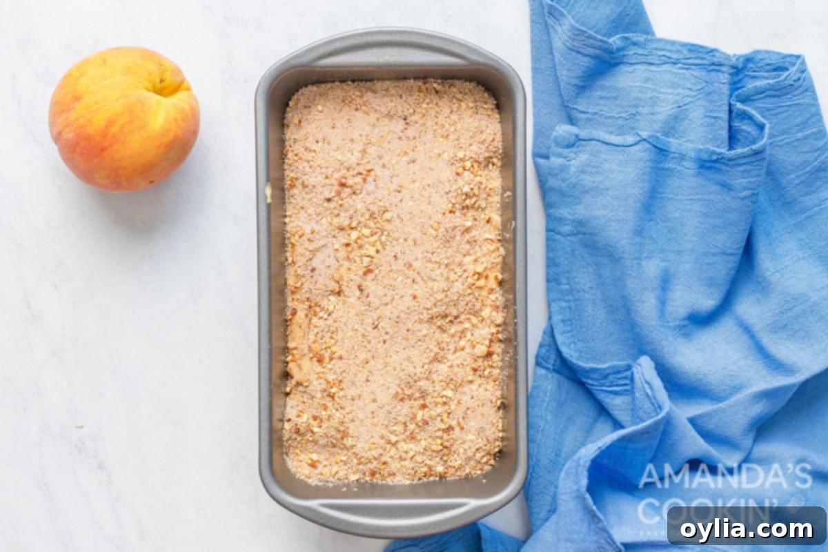 peach bread batter with topping in pan