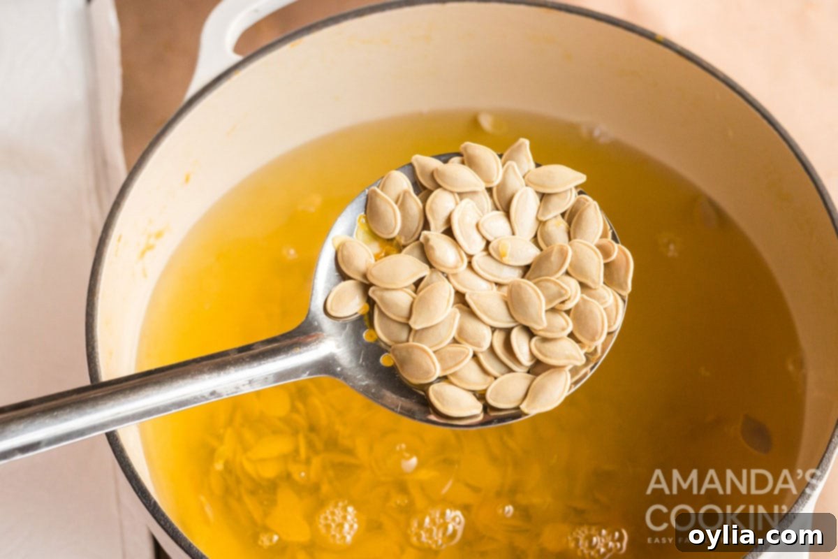 Golden Roasted Pepitas 4 ladle full of clean pumpkin seeds, ready for the next step in the roasting process.