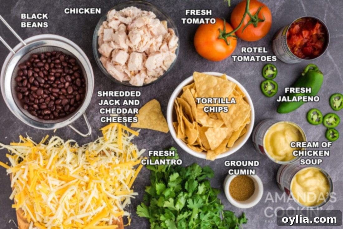 Labeled bowls of ingredients for Mexican Chicken Casserole, including crushed chips, cooked chicken, black beans, Rotel, cream of chicken soup, cumin, and shredded cheeses.