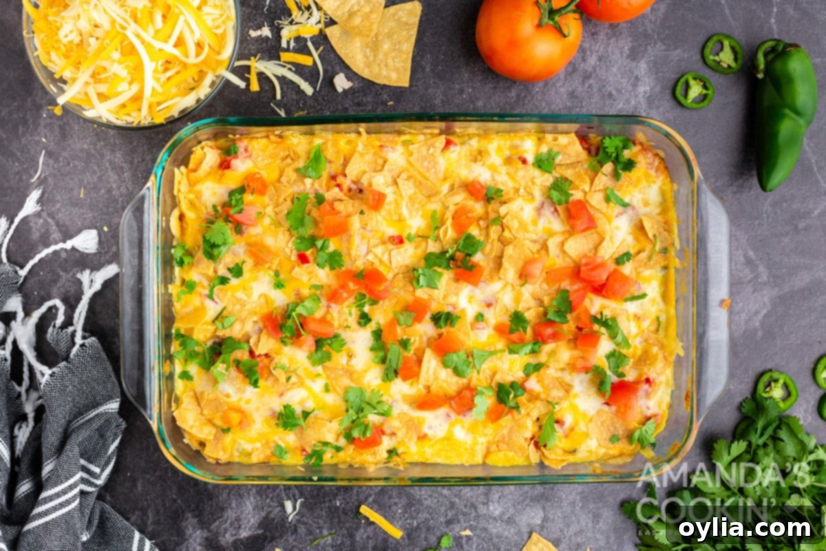 The finished Mexican Chicken Casserole, hot and bubbly from the oven with perfectly melted cheese.