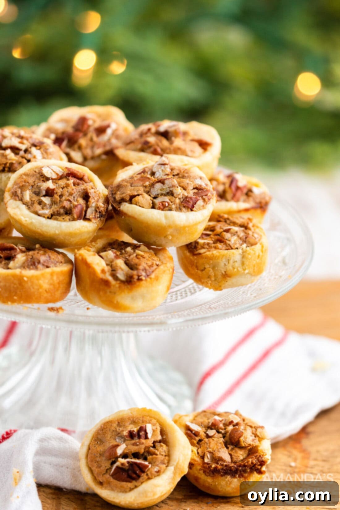 Mini Pecan Pie Perfection 2 PECAN TASSIES ON A CAKE PLATE