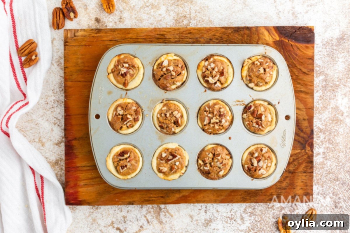 baked pecan tassies in a mini muffin tin