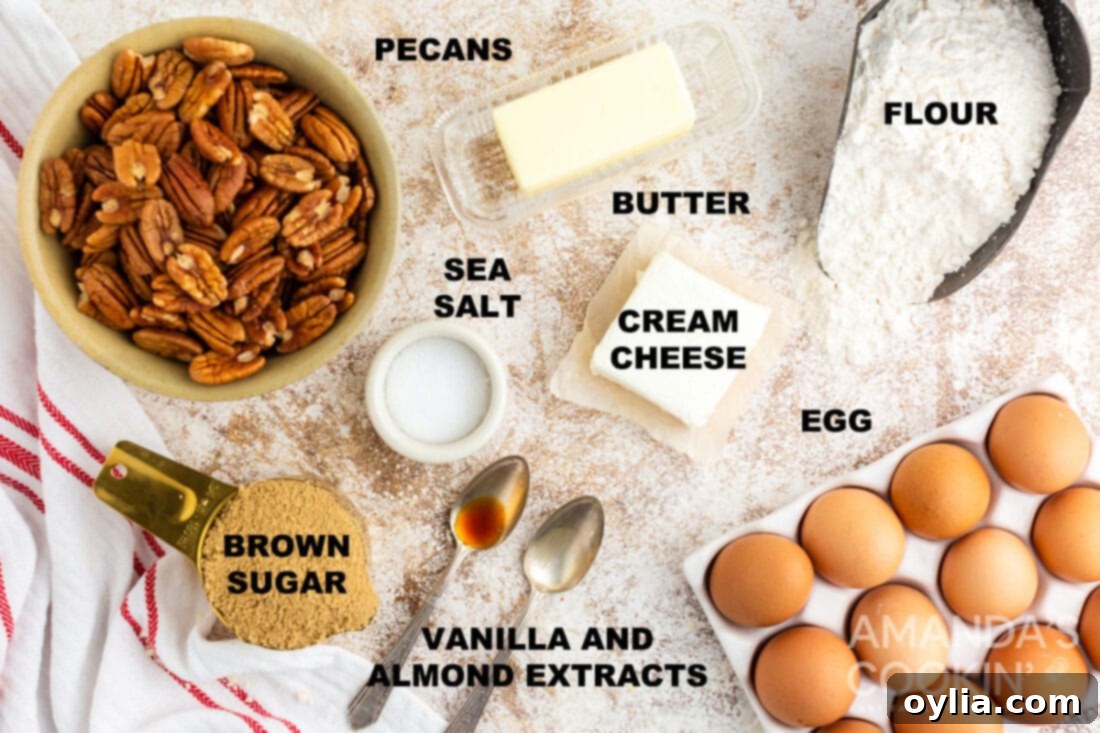 Mini Pecan Pie Perfection 4 labeled ingredients for making pecan tassie cookies