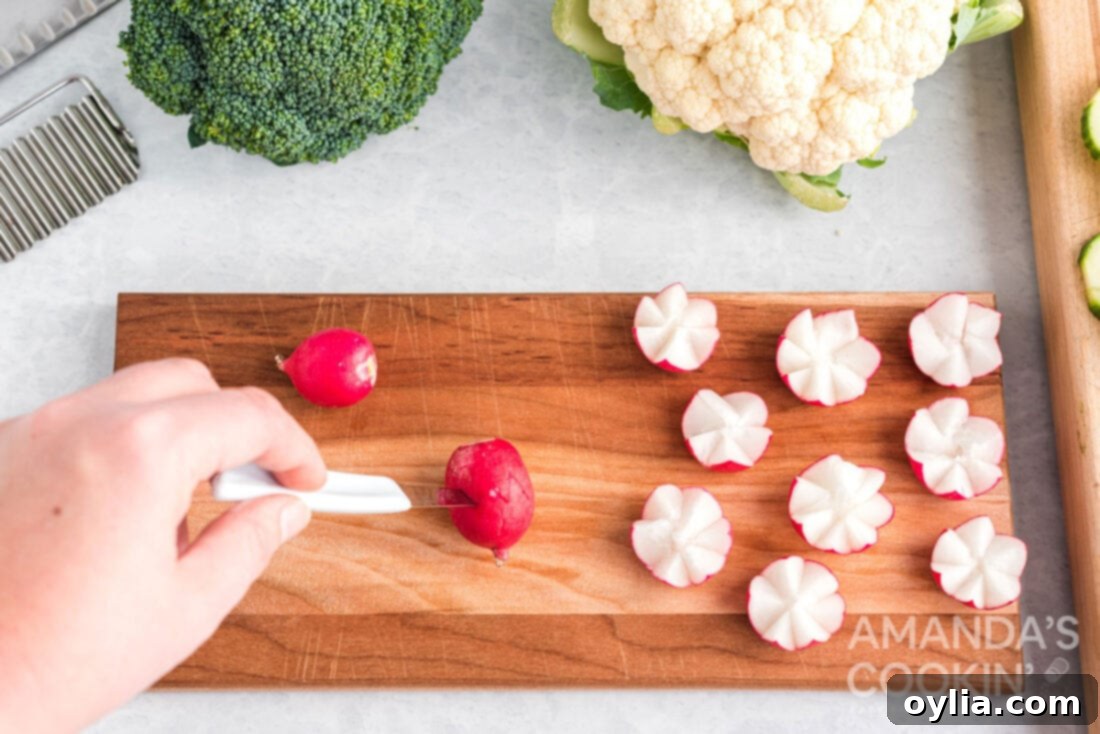slicing a radish to make a radish flower