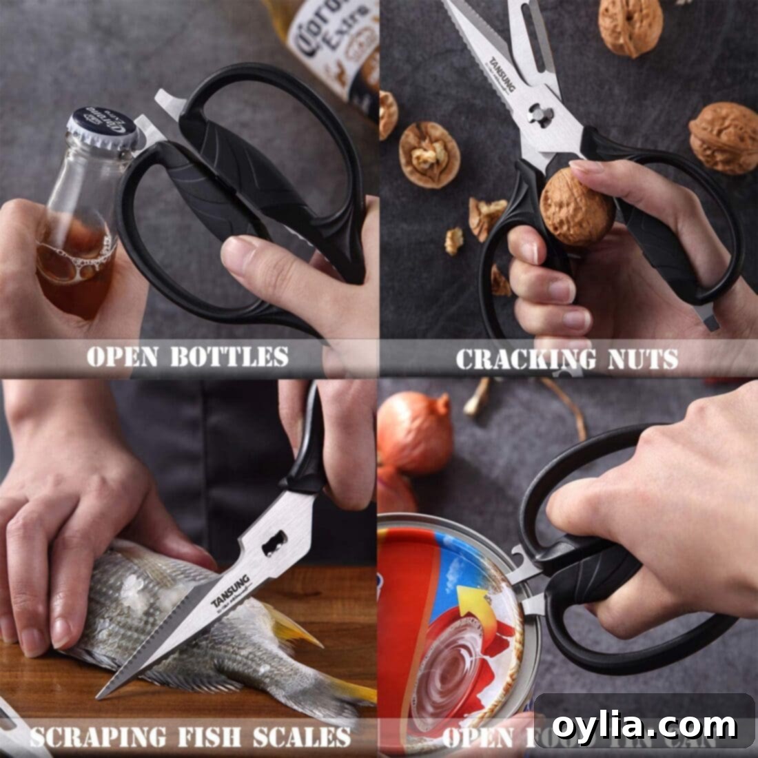 demonstrating uses for kitchen shears