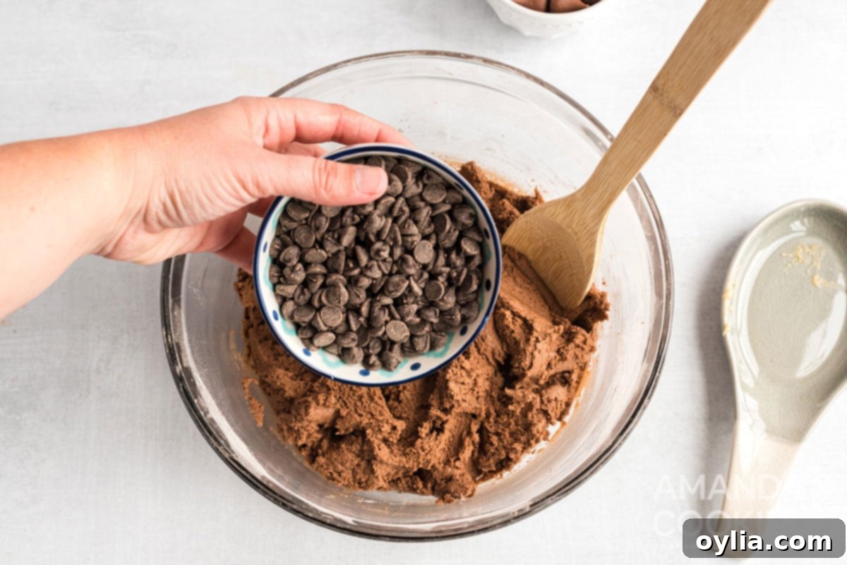 Adding chocolate chips to cookie dough, enhancing the hot cocoa flavor