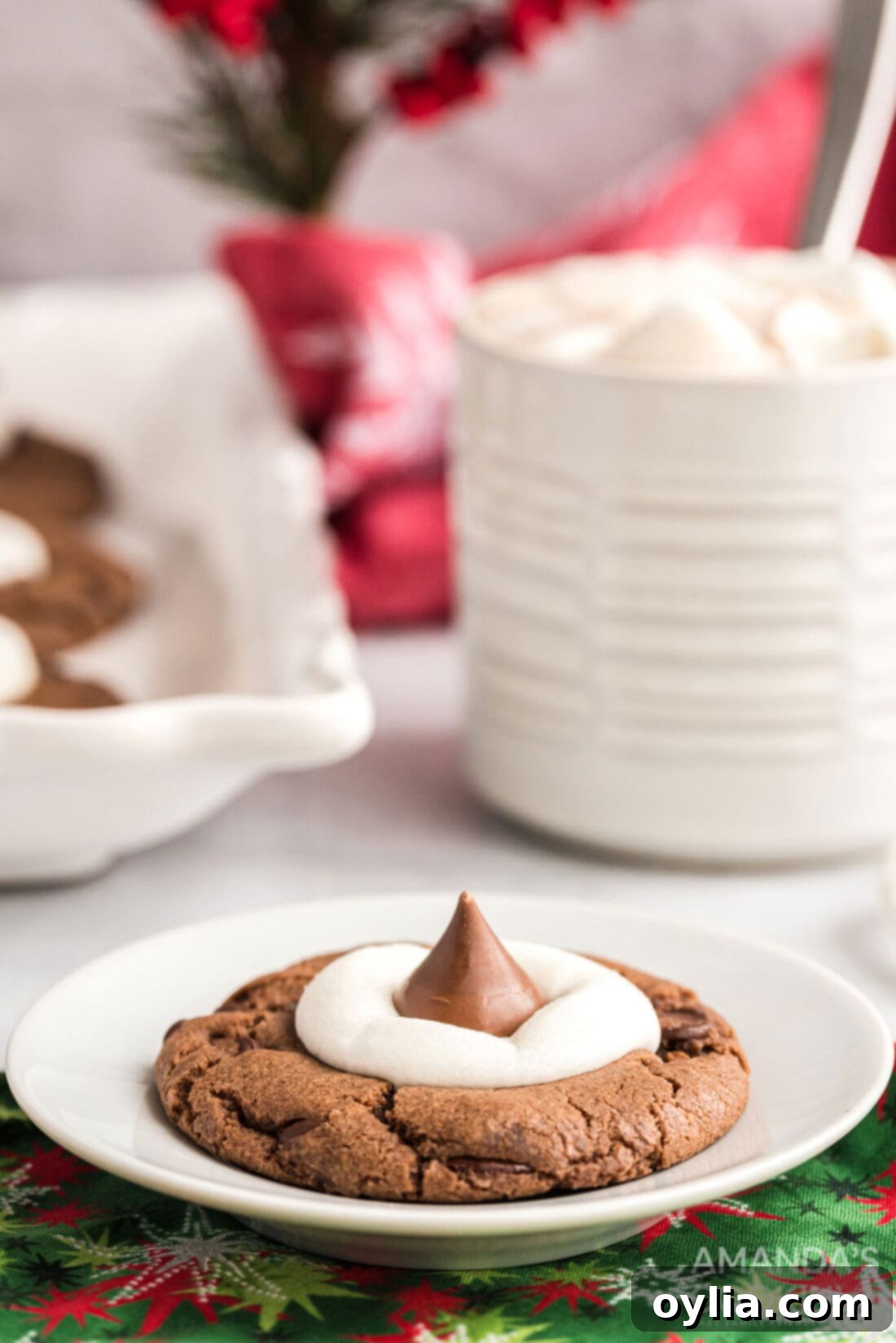 Hot Chocolate Cookie Bliss 16 Hot cocoa cookie on a plate with a mug in the background