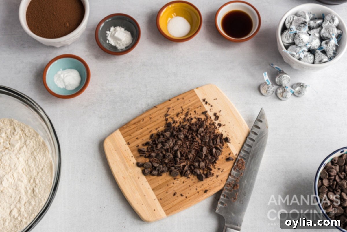 Chopped chocolate on a cutting board, ready for garnish
