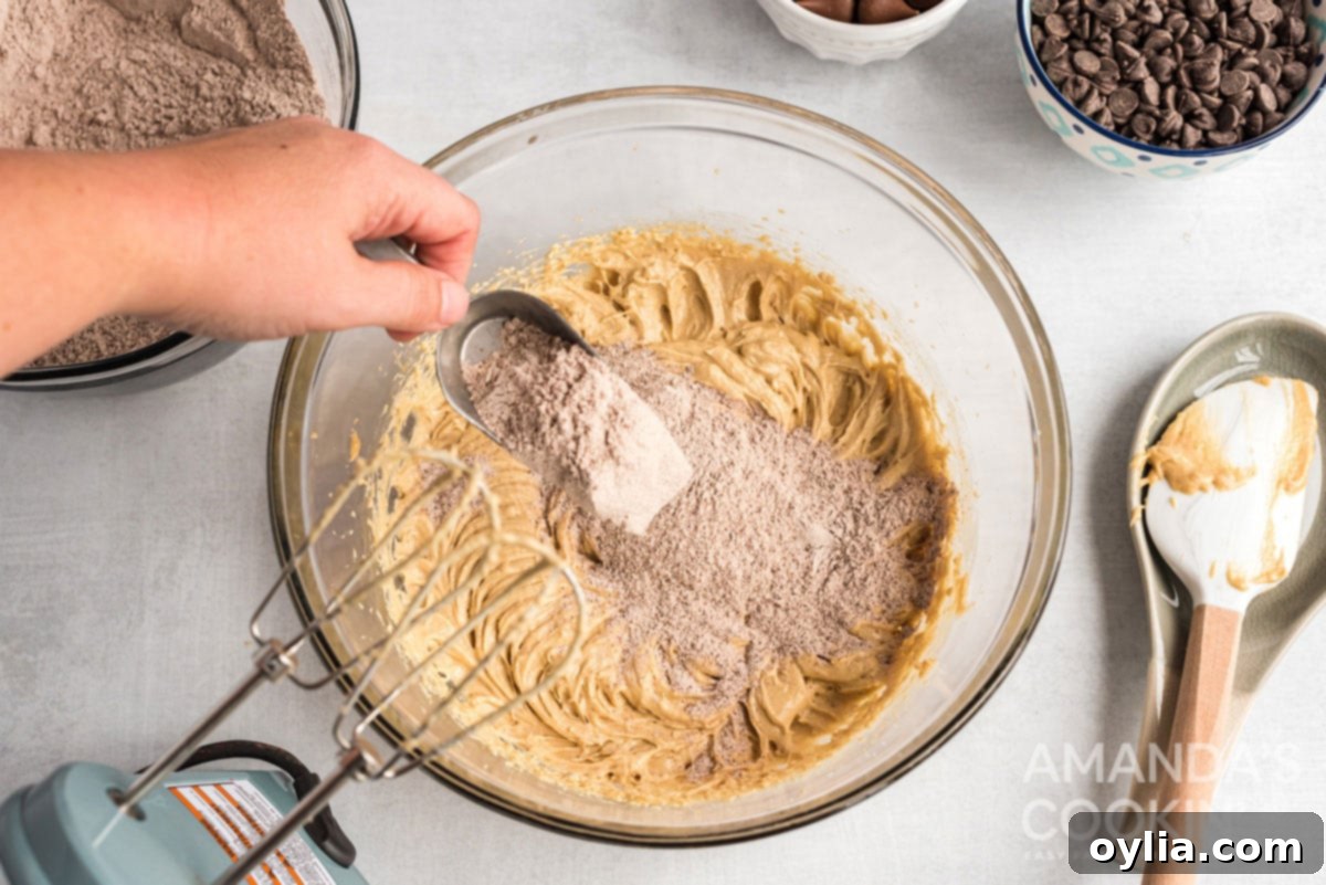 Adding flour mixture to cookie dough, forming the hot cocoa cookie base