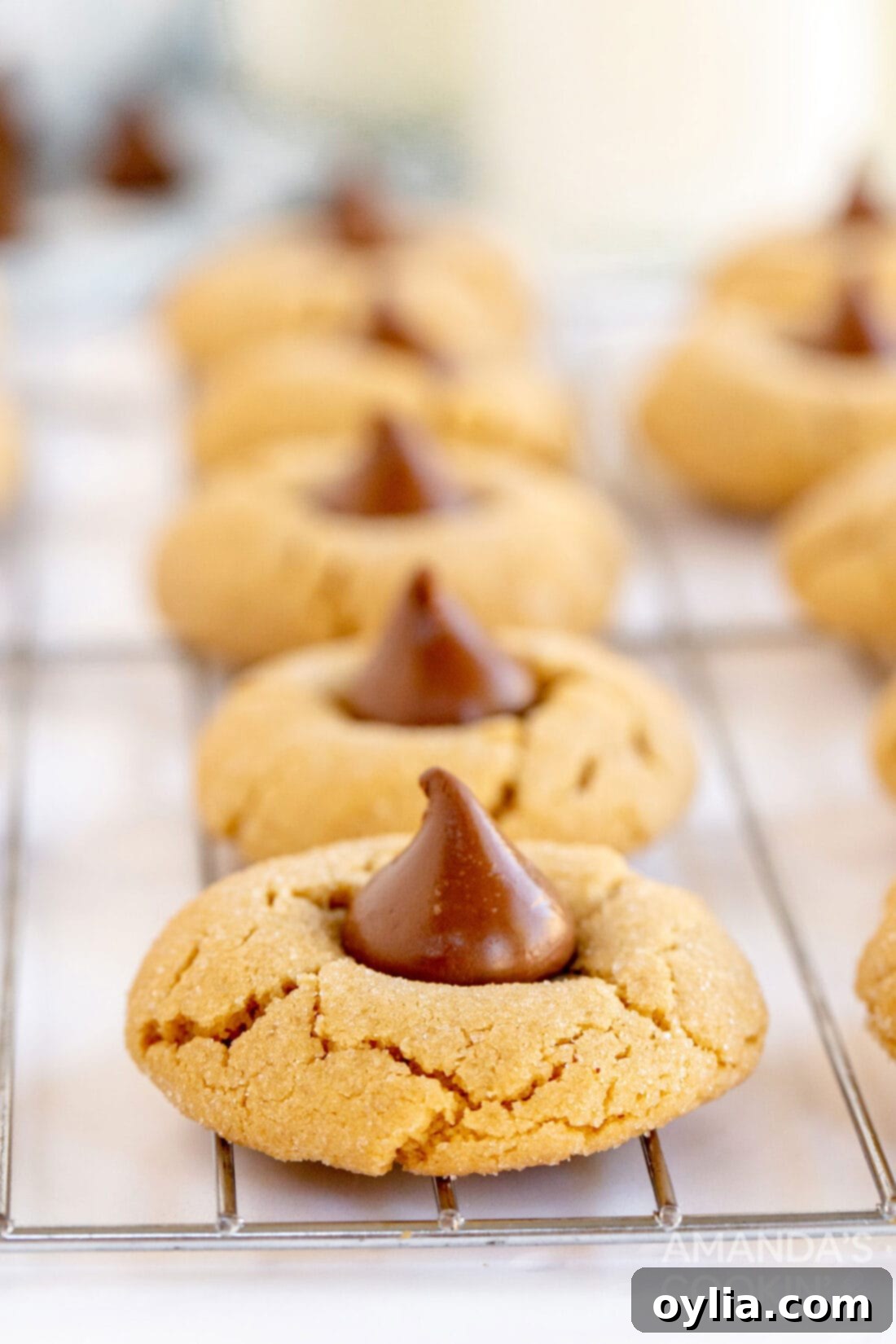 peanut butter blossom cookies on wire rack