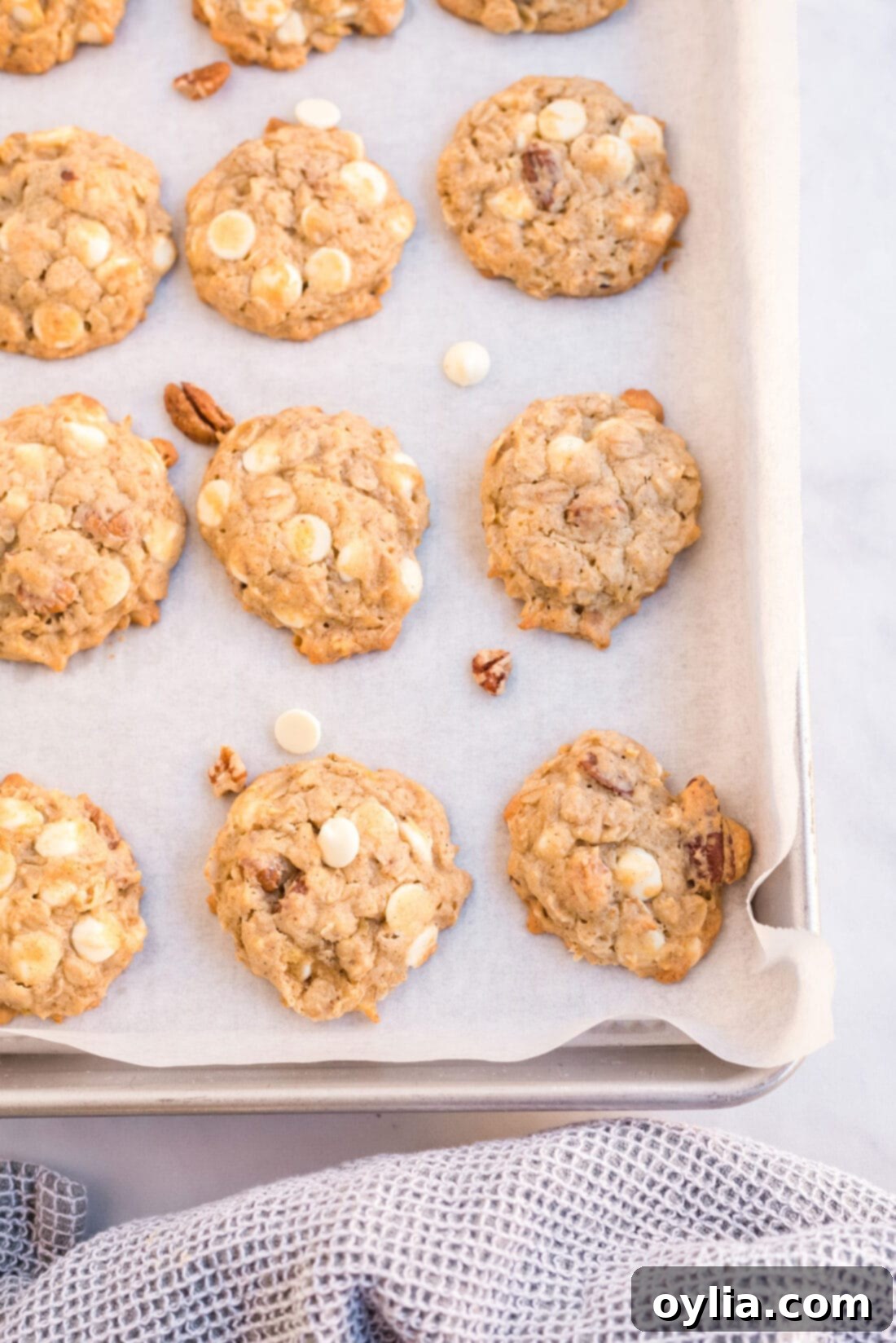 Banana Bliss Bites 4 Freshly baked banana cookies arranged on a baking sheet