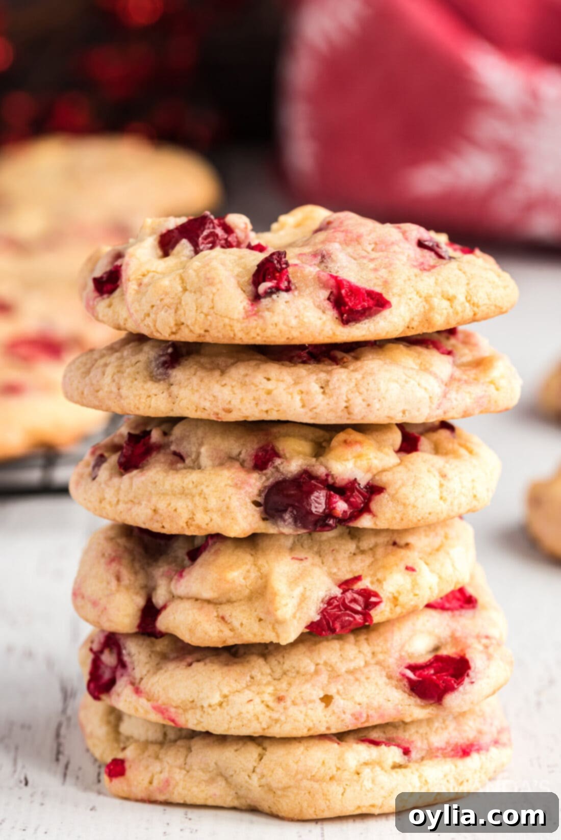 STACK OF Delicious White Chocolate Cranberry Cookies, perfect for holidays