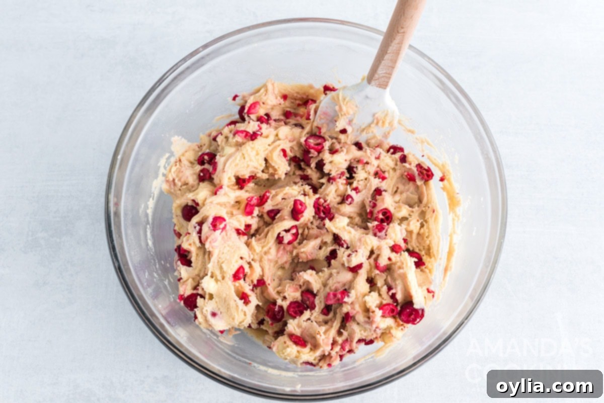 White Chocolate Cranberry Cookie dough in a bowl with chips and cranberries mixed in