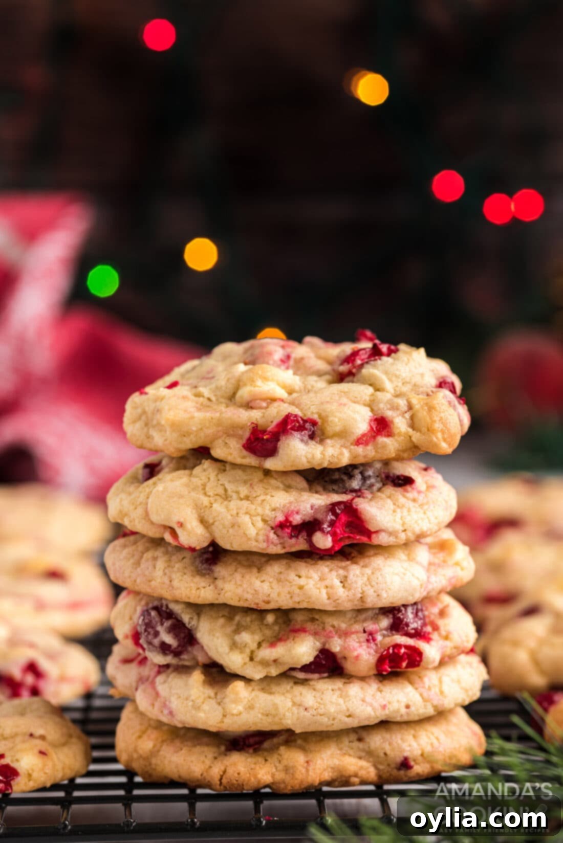 A tall stack of gorgeous White Chocolate Cranberry Cookies, ready to serve