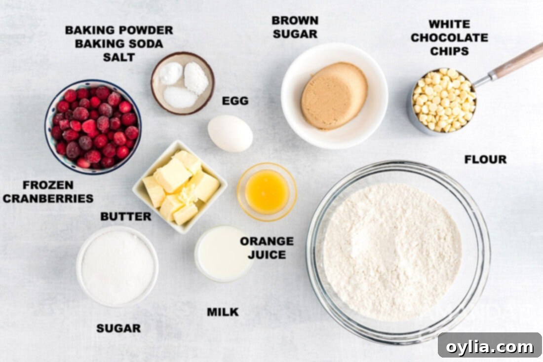 Labeled ingredients laid out for making White Chocolate Cranberry Cookies