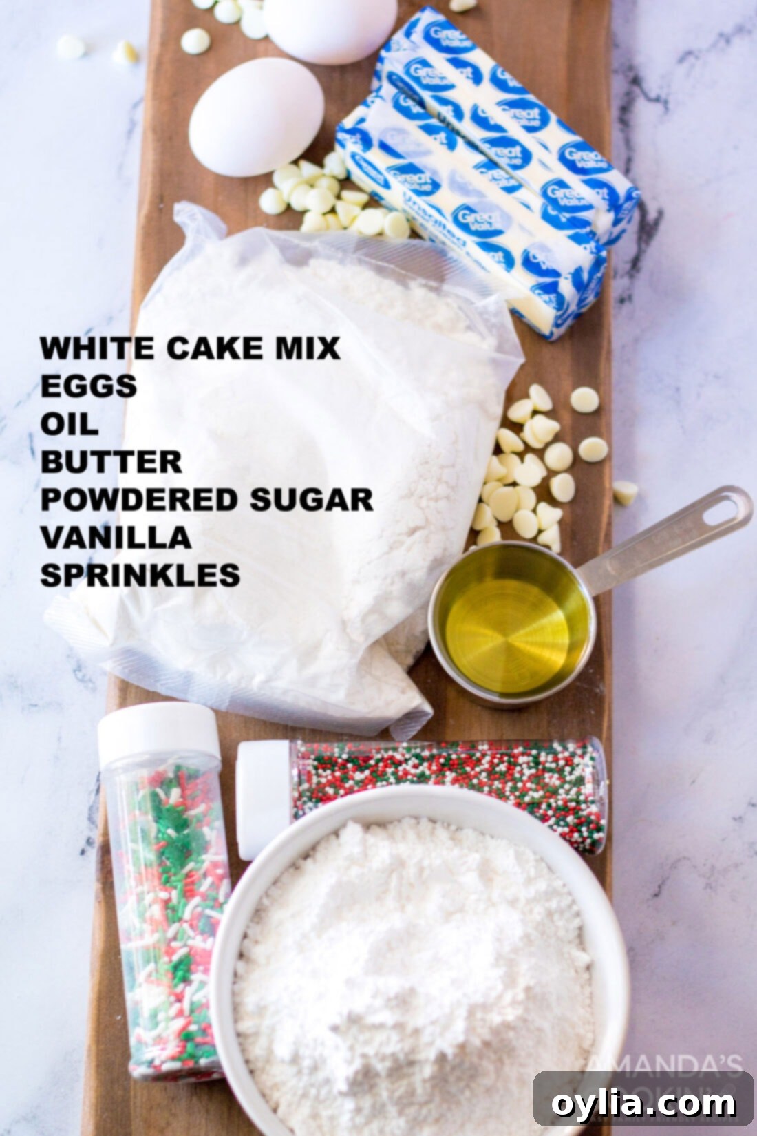 Labeled ingredients for cake mix confetti cookies: cake mix, oil, eggs, butter, powdered sugar, vanilla extract, and sprinkles