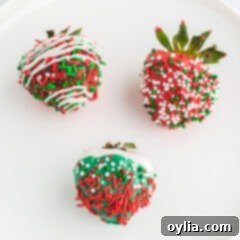 Holiday Chocolate Strawberry Bliss 3 Christmas Chocolate Covered Strawberries with red and green sprinkles.