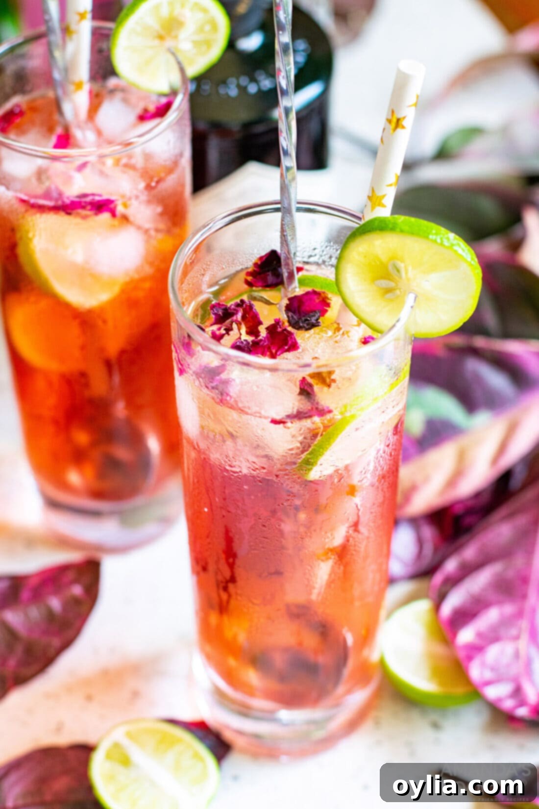 Pink Gin and Tonic 2 Overhead shot of Pink Gin & Tonic and lime garnish and rose petals