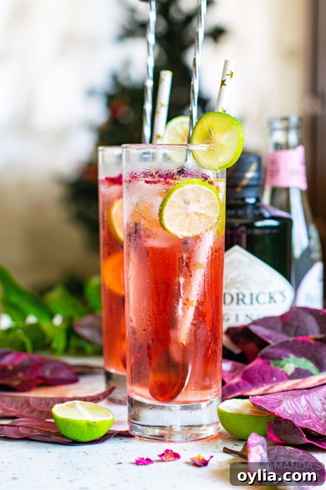 Pink Gin and Tonic 3 Pink Gin & Tonic in glasses with lime wedges