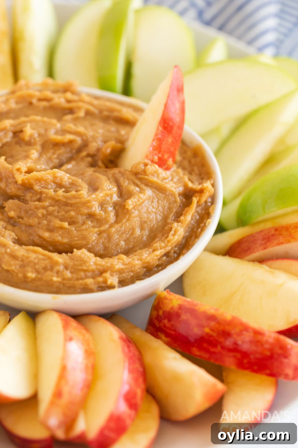 bowl of creamy peanut butter fruit dip surrounded by perfectly cut apple slices on a white plate