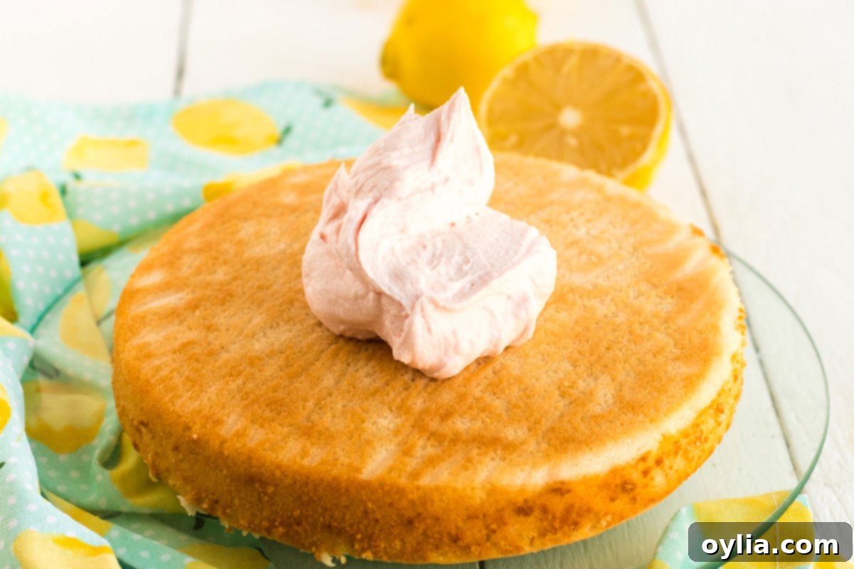 Sparkling Pink Lemonade Cake 13 dollop of frosting on a layer of round cake