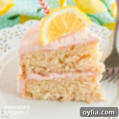 Sparkling Pink Lemonade Cake 14 slice of pink lemonade cake with a slice of lemon on top