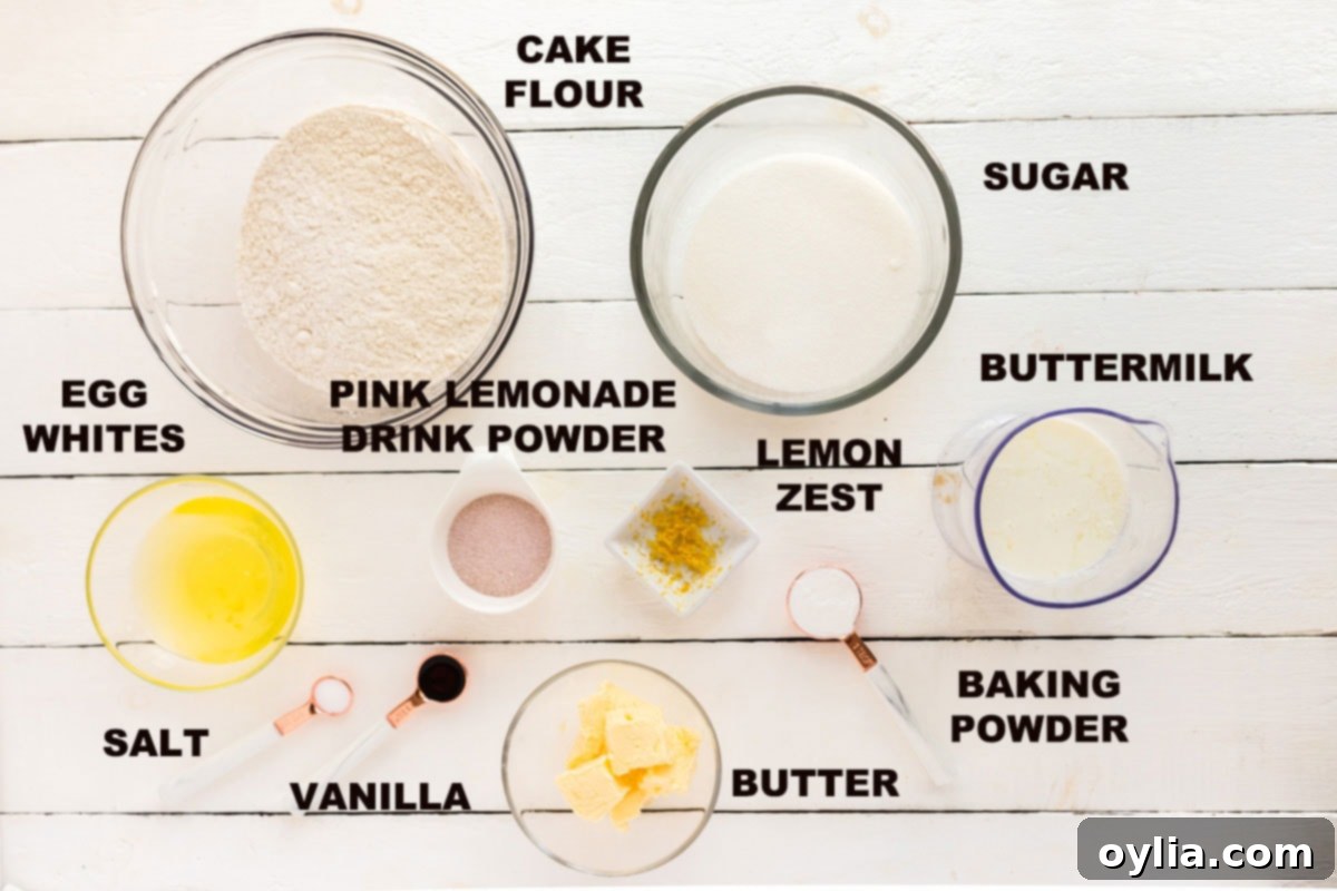 Sparkling Pink Lemonade Cake 2 labeled ingredients for pink lemonade cake