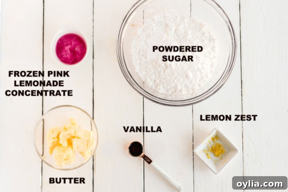 Sparkling Pink Lemonade Cake 3 labeled ingredients for pink lemonade cake frosting