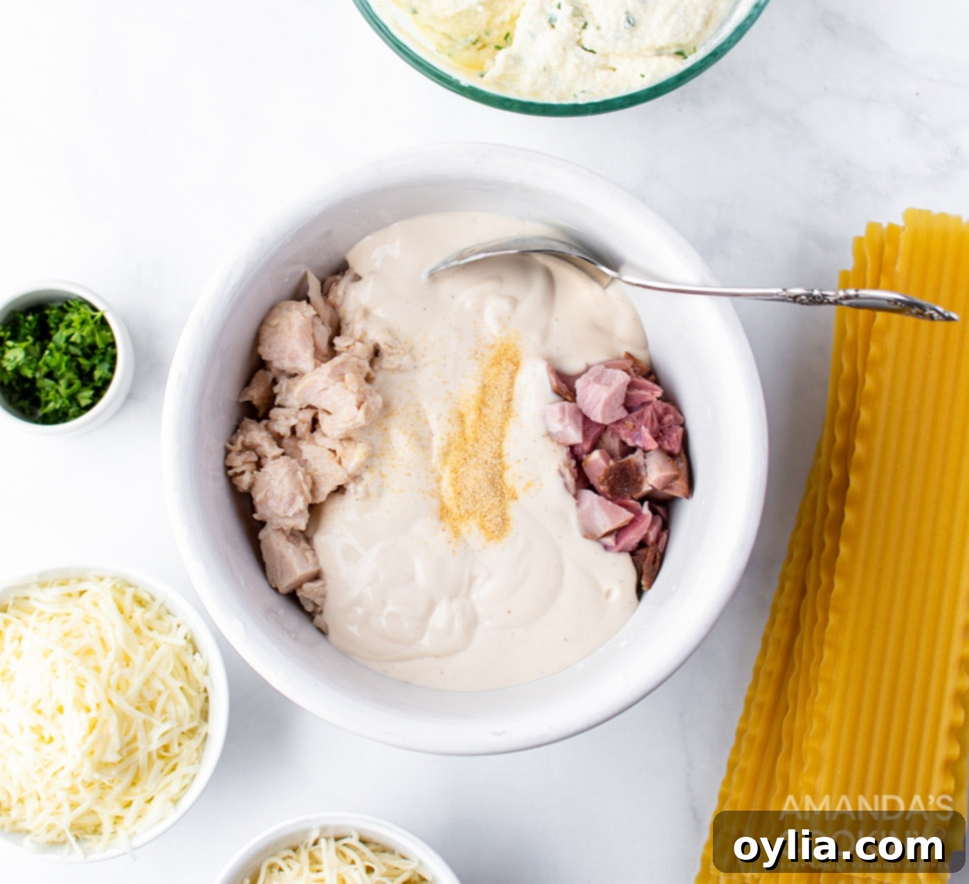 Mixing ham, chicken, Alfredo sauce, and garlic powder in a bowl for the lasagna filling.