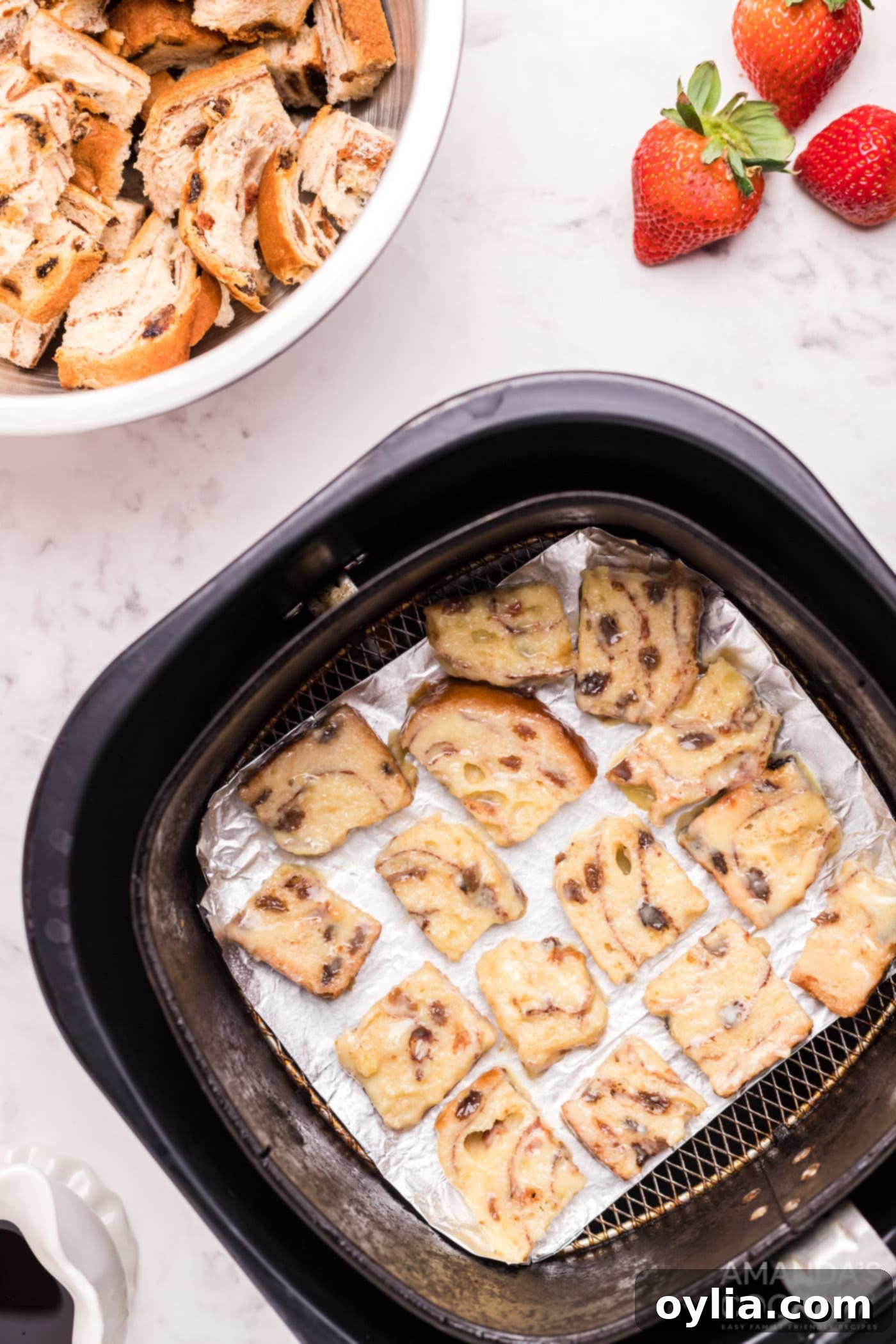 bread squares in air fryer basket