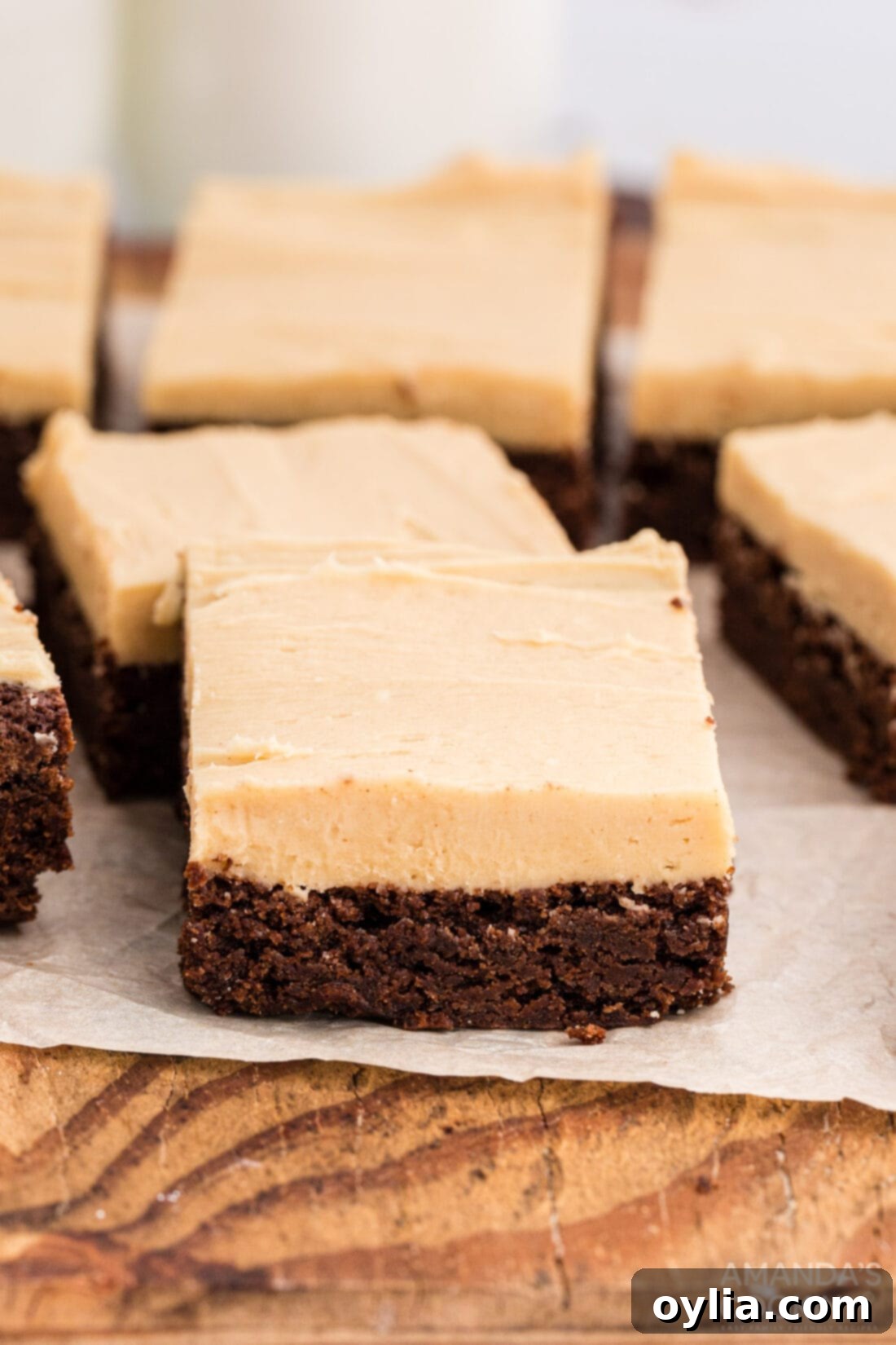 Close-up of freshly baked fudge brownies with creamy peanut butter frosting