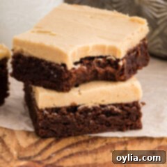 Close-up of a fudge brownie with peanut butter frosting, ready to be enjoyed