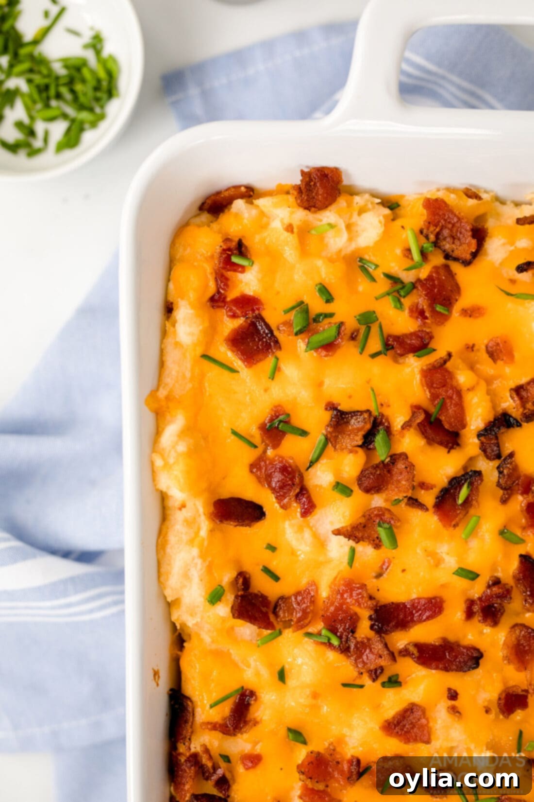 close up of loaded mashed potato casserole